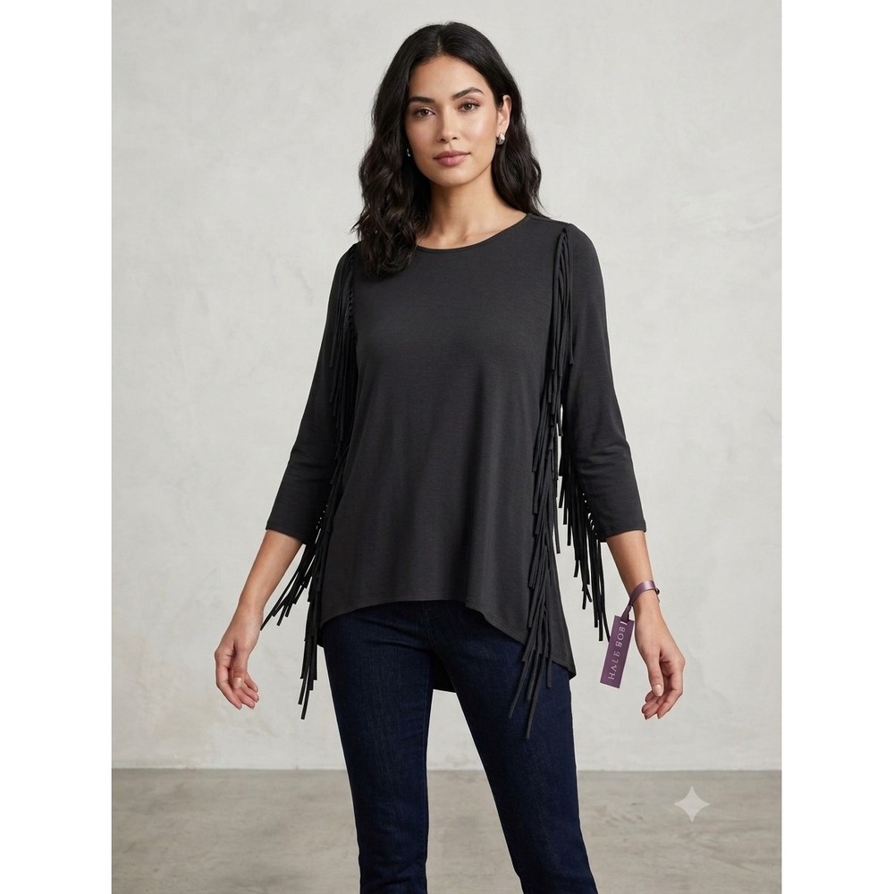 Hale Bob Top Tunic Black Fringe Modern Cowgirl Western Festival Viscose Sz S NWT